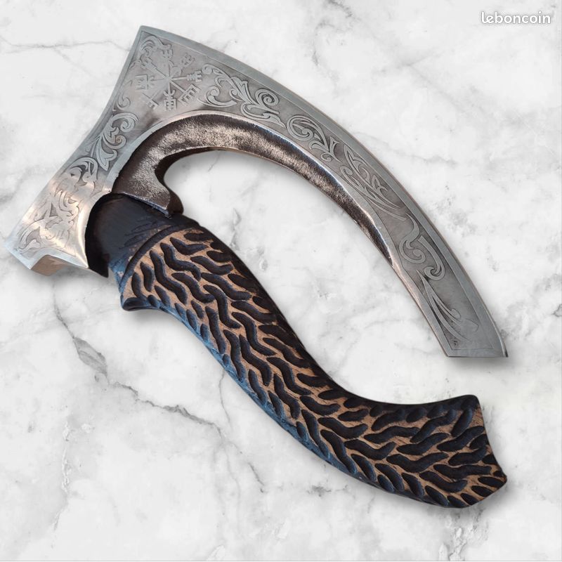 Petite Hache Viking Artisanale 30 Cm - Lame Acier Gravure électrolytique - Étui Inclus