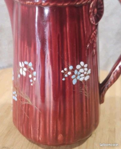 Ancien Rare Cafetière Rouge A Couvercle Barbotine Fleurs Émaillée KG LUNÉVILLE (image 8)