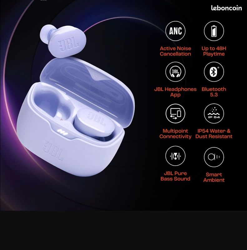 Écouteurs Sans Fil JBL Tune Buds - Réduction De Bruit Active, Autonomie 48h, Bluetooth 5.3, Pure Bass