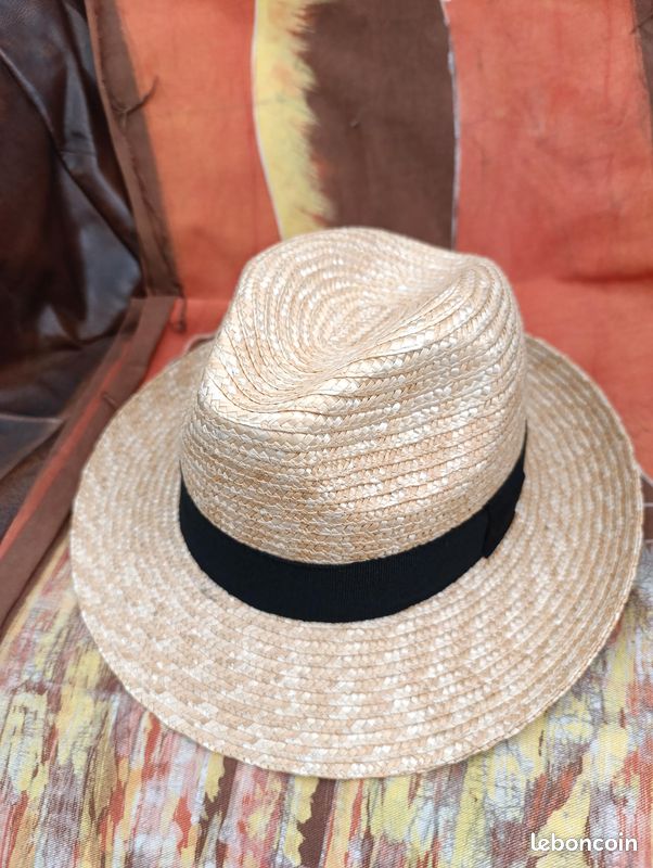 Chapeau D'été En Paille Noir Et écru - Taille 57 Cm - Occasion Très Bon état