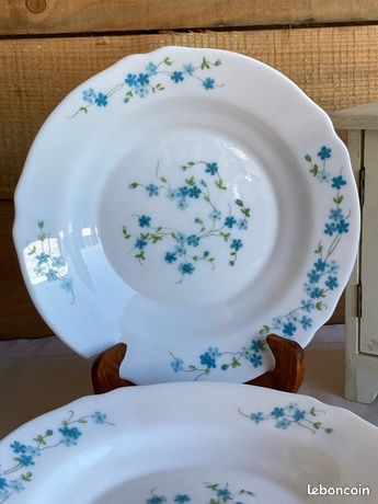 Ensemble de grandes 6 assiettes vintage ARCOPAL motif VERONICA MYOSOTIS TBE - Arts de la table