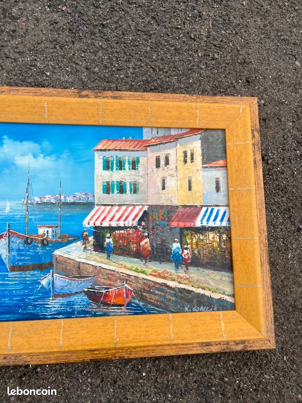 Tableau ancien encadré - Scène de port méditerranéen / Signé K. Wallis (image 4)