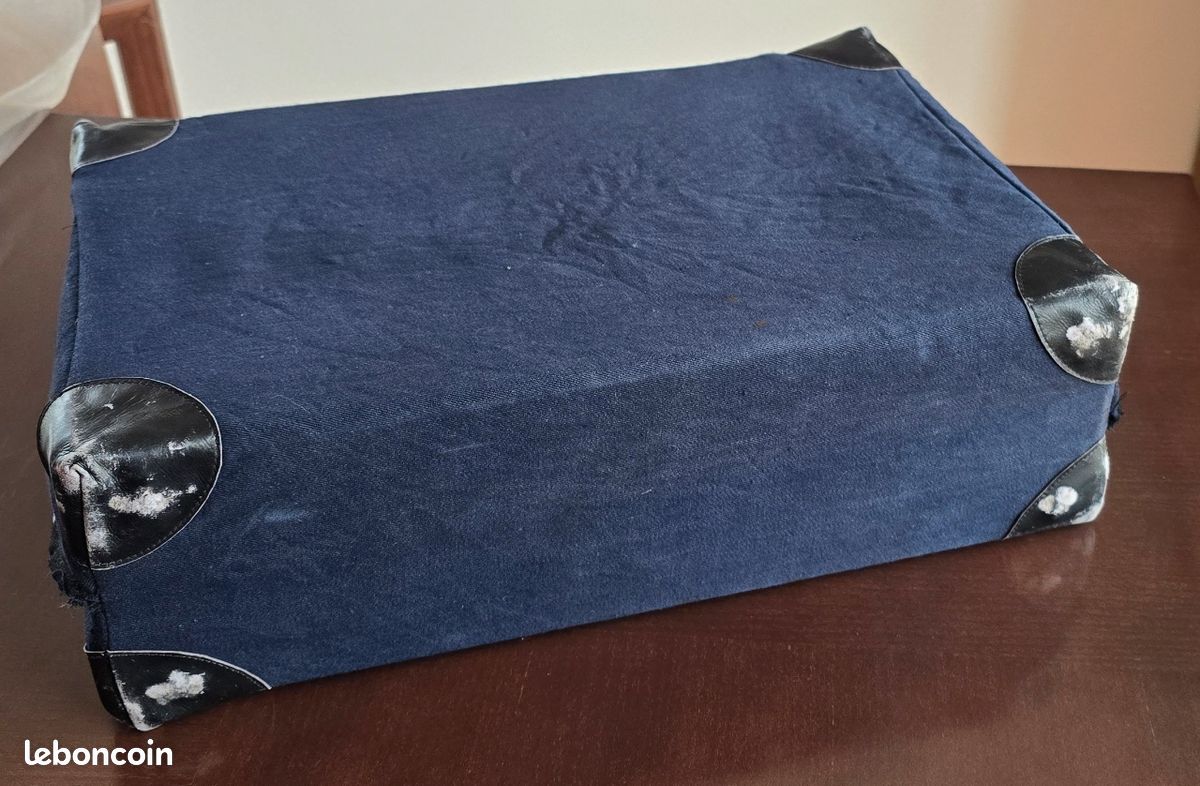 ANCIENNE VALISE DE toilette bleue marine vintage rigide en cuir et sa housse de EUR 65,00