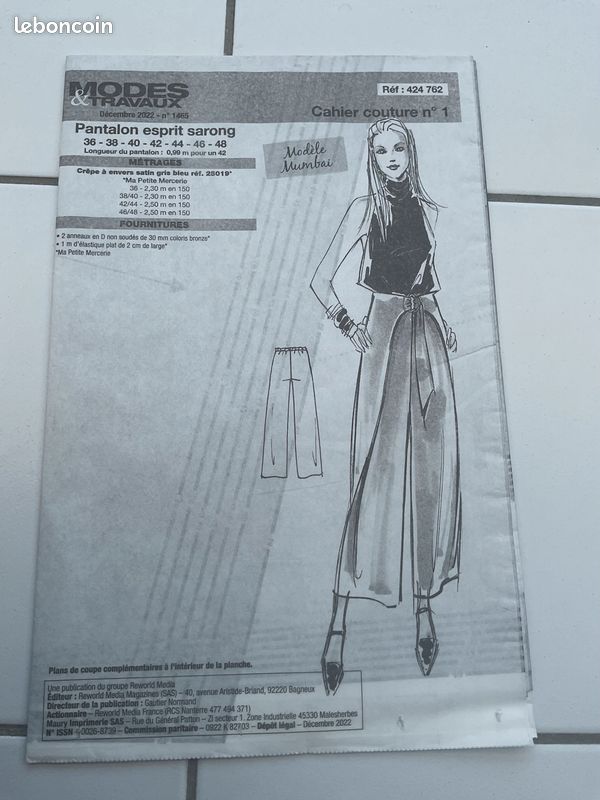 Patron De Couture Modes Et Travaux Mars 2024 - Pantalon à Plis, Tailles 36 à 48, Patron Non Découpé, Occasion
