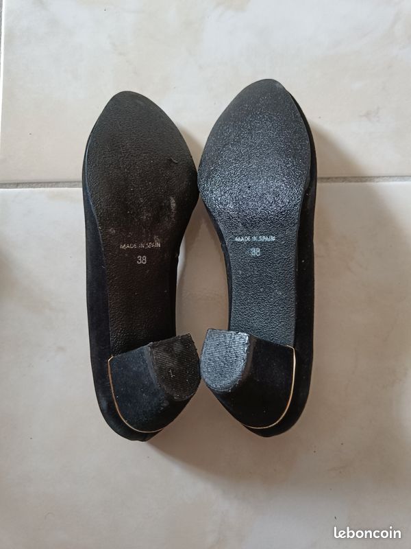 Belles chaussures escarpins à petit talon cuir véritable qualité élégants femme bleu marine doré (image 8)