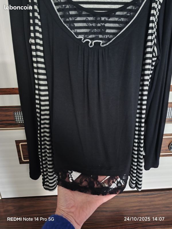 Haut Femme Noir Et Crème Taille 14 - Sans Manches, Col Rond, En Viscose, Neuf Sans étiquette