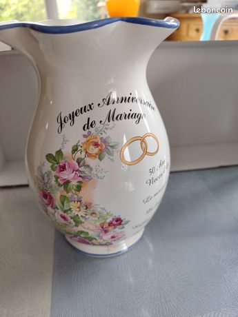 Assiette Souvenir 50ème Anniversaire De Mariage – Blanc Bord Doré, Inscription Au Dos – Occasion