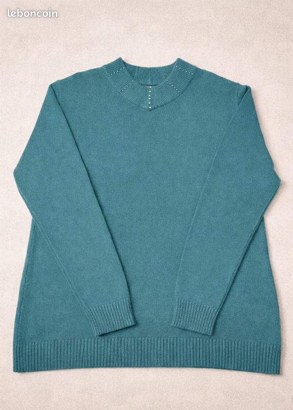Pull femme bleu canard strass - Taille L (image 4)