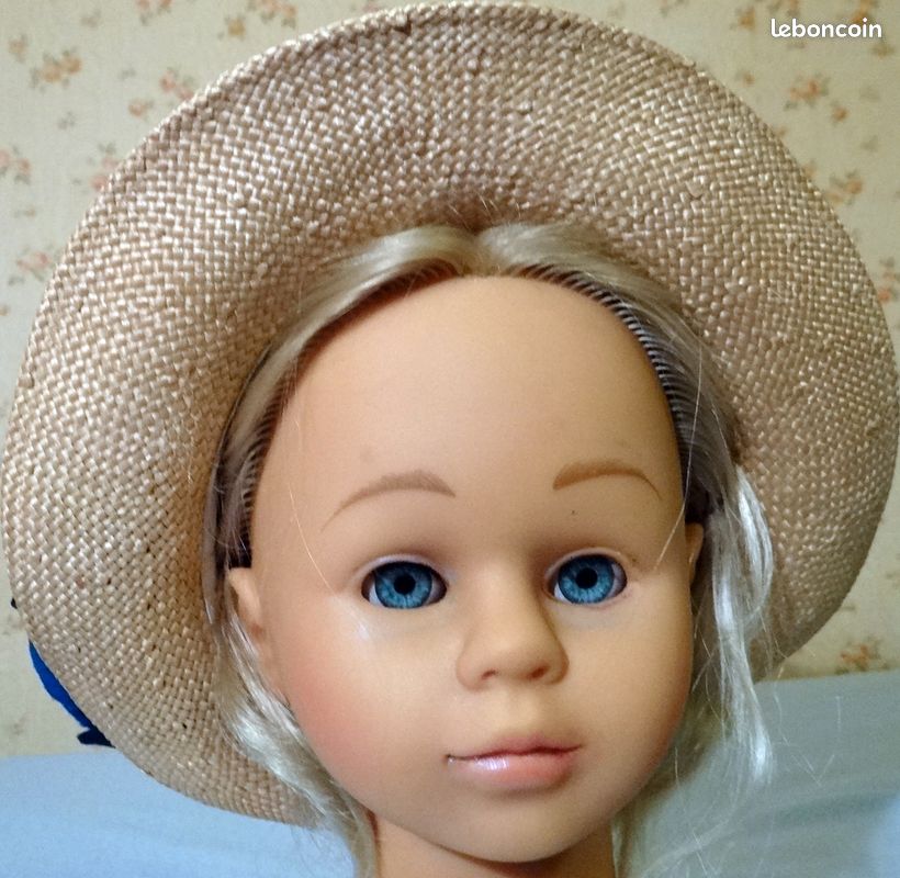 CHAPEAU EN PAILLE NATURELLE 1960 T. 53 cm avec RUBANS FLEUR EN TISSU BLEU mariage, été, défilé vintage, fabriqué en France (image 19)