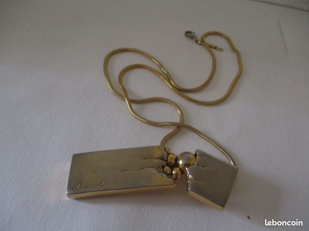 Collier Vintage En Métal Doré Sidney Carron - Style Années 80 Avec Pendentif Rectangle
