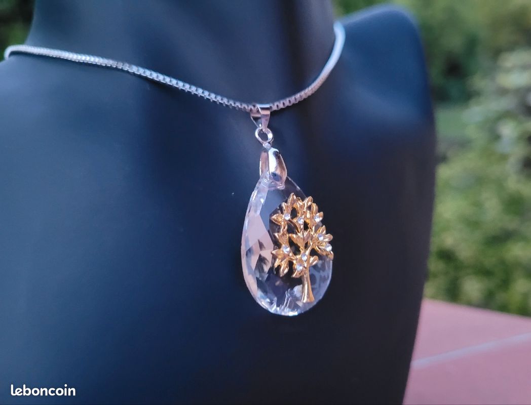 Collier Arbre De Vie Femme - Chaîne Pendentif Cristal Plaqué Or Jaune - Bijouterie Papillon Bleu - France