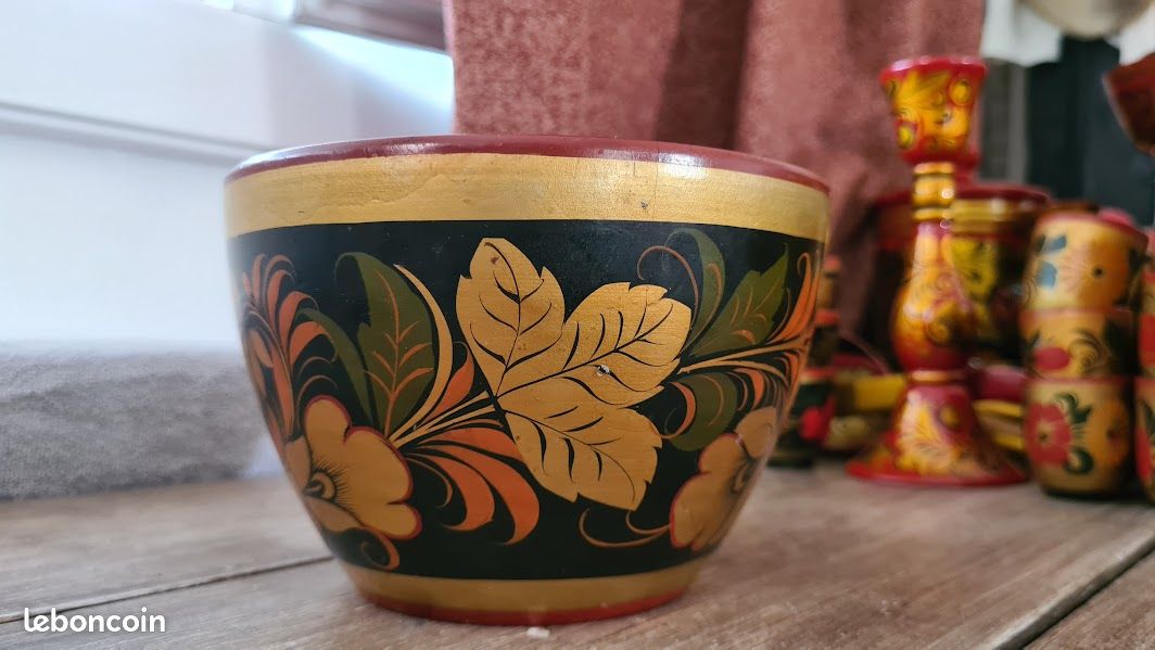 Vase Bois Peint à La Main Khokhloma Russie 17 Cm - Art Déco Rouge, Noir Et Or