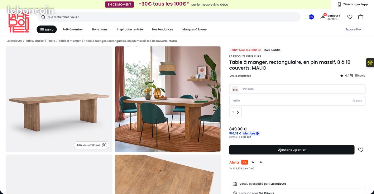 Table à manger, rectangulaire, en pin massif, 8 à 10 couverts, MALIO (image 10)