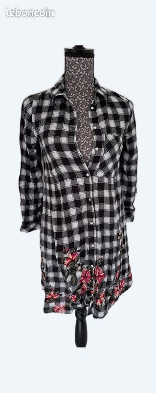 Chemise longue tunique femme S carreaux fleurs Vêtements