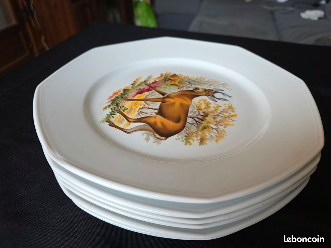 Lot de 6 assiettes plates octogonales décor chasse / gibier - 25,5 cm (image 13)