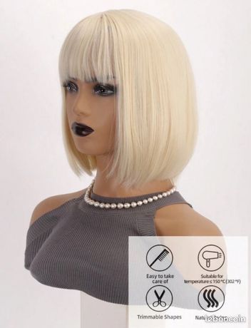 Perruque Synthétique Courte Blonde Platine - Frange, Style Lisse - Taille Moyenne Avec Bonnet Extensible +4