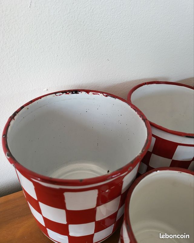 Ancien Faitout/casserole Lustucru En émail - Rouge Et Damier Blanc, état D'occasion