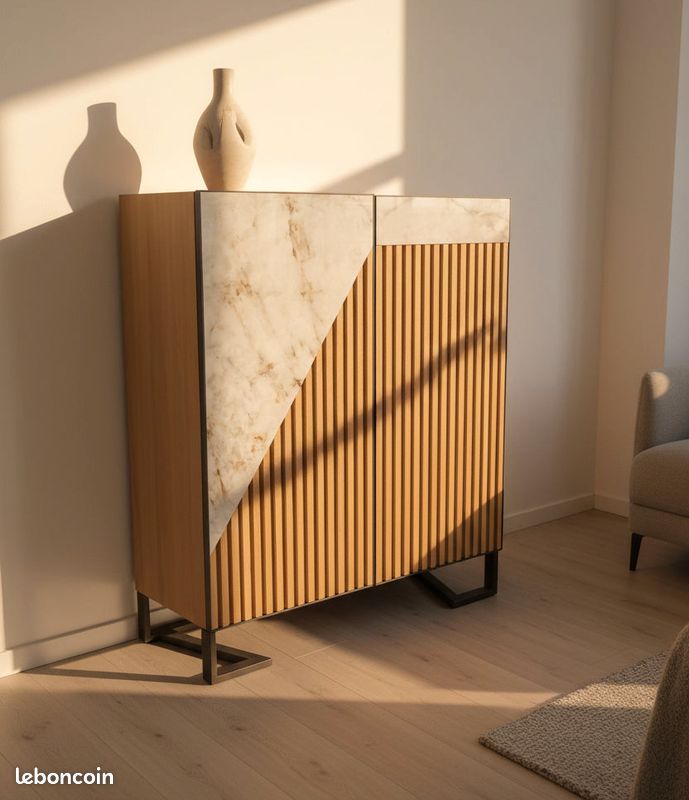 Buffet haut bahut 2 portes céramique marbre et bois design pieds métal avec éclairage - Zagas - MODÈLE D'EXPOSITION (image 1)