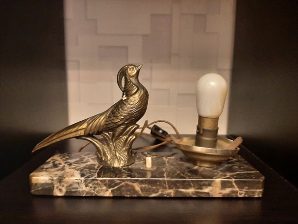 Lampe de chevet vintage - faisan en régule sur socle en marbre