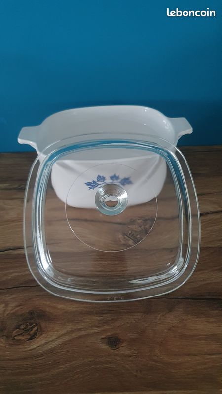 Cocotte Pyroflam Carrée Vintage - Plat à Four Verre Blanc/bleu Avec Couvercle