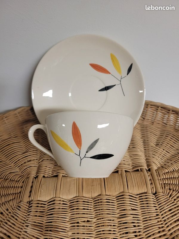 2 GRANDE TASSE déjeuner en grès avec sous-tasse Deco Rétro Vintage EUR