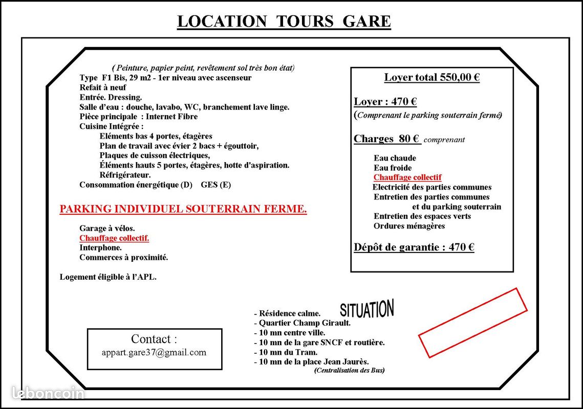 Appartement 1 pièce 29 m² · à Tours · 29 m² · 550 €/mois