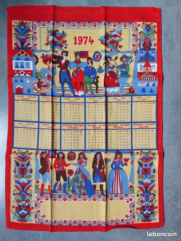 Torchon Vintage 1900 – Calendrier 1974 – Design Ancien – 100% Coton