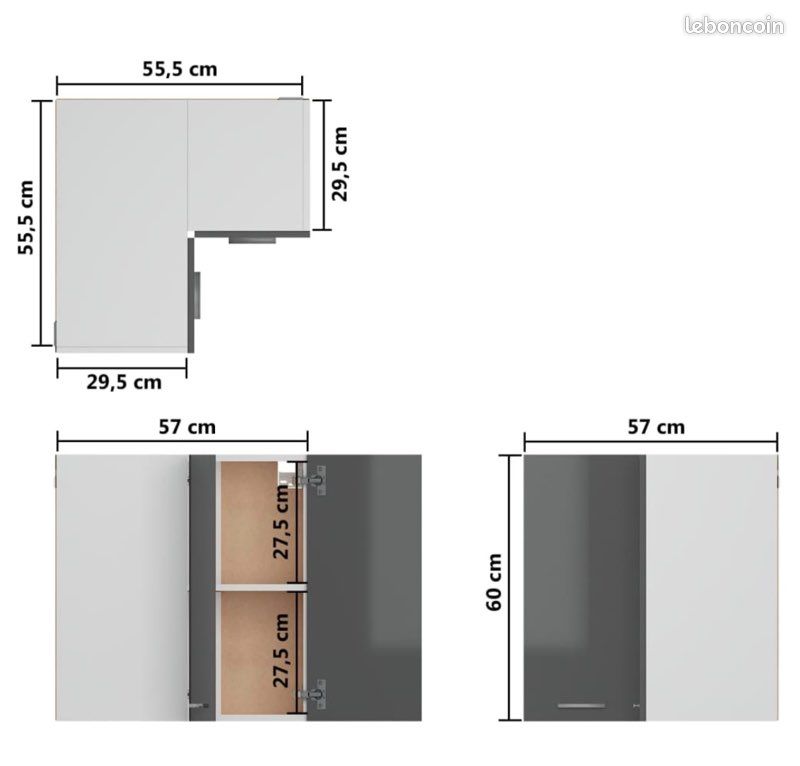 Armoire d'angle suspendue Gris brillant 57x57x60 cm Aggloméré (image 9)