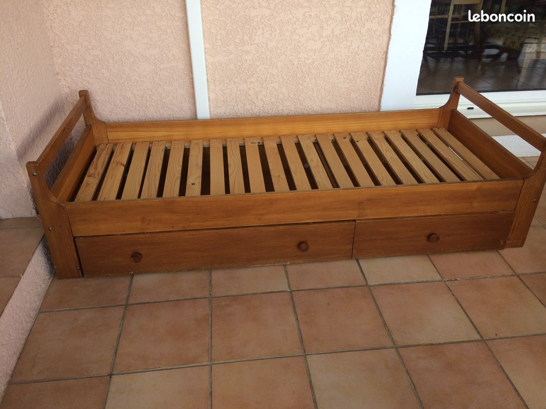 Lit 1 place en bois ( pin), solide avec 2 tiroirs (image 3)