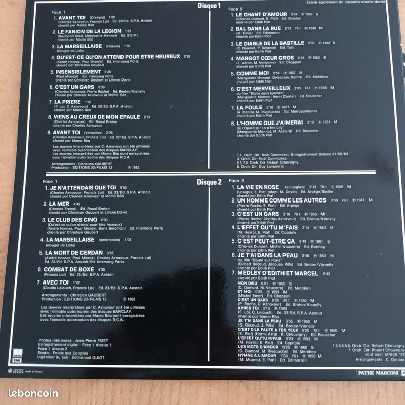 Vinyle 1983. BO Edith et Marcel. Edith Piaf Francis Lai Charles Aznavour. EMI (image 2)
