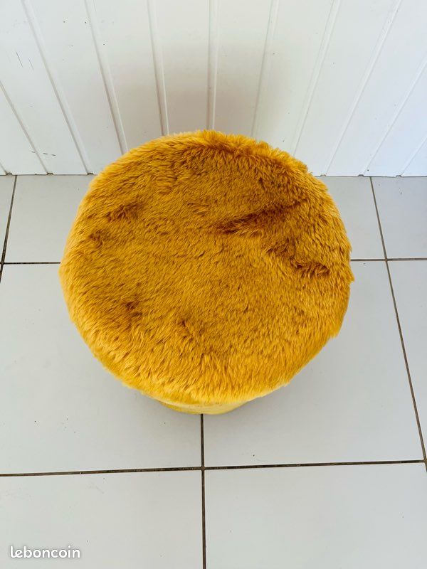 Pouf Fourrure Jaune Pelfran Vintage Années 70 France (image 4)