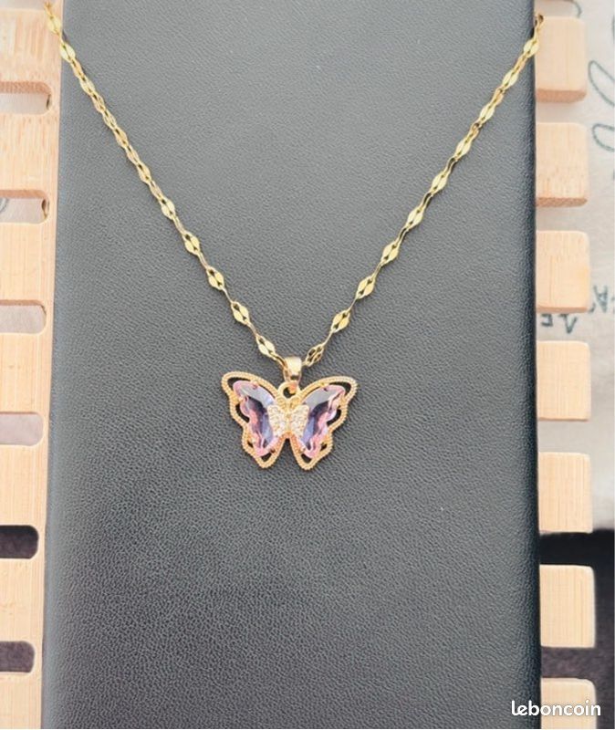 Collier papillon rose doré acier inoxydable pendentif maille fine (image 2)