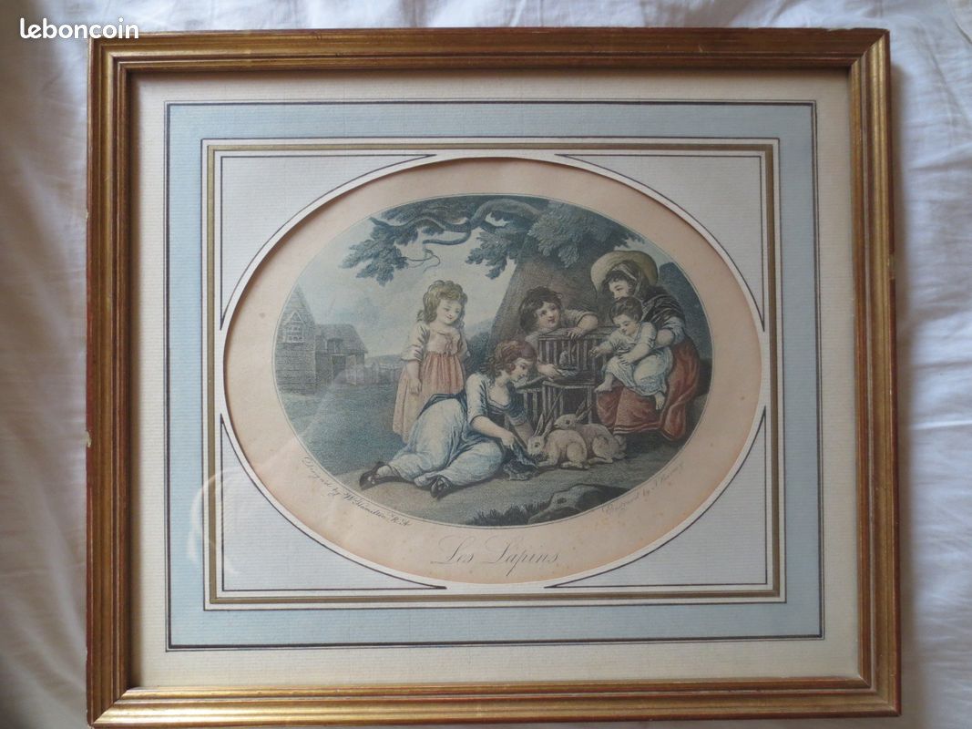 Lithographies XVIII - XIX e - Scènes d'enfants avec animaux - W. Hamilton / Barney - encadrées - B.E - (image 2)