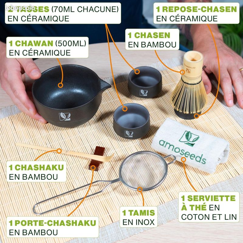 Pukpu Kit Matcha Traditionnel - Set Cérémonie Thé Japonais Avec Thé Matcha En Poudre, Fouet Bambou Chasen, Cuillère Chashaku, Bol Matcha & Tamis - Coffret Cadeau Élégant Pour Amateurs De Thé