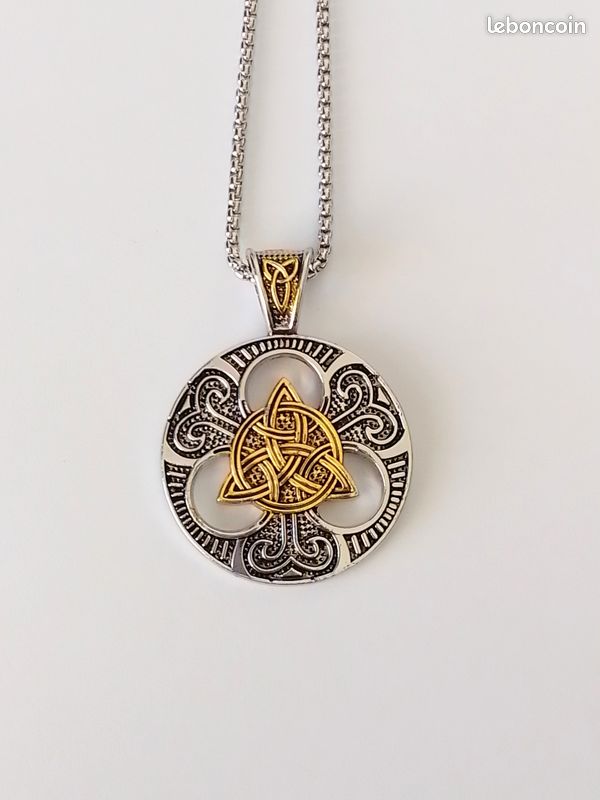 Collier Pendentif Bronze Celtique Rond Avec Motif Entrelacs - Chaîne Incluse - Neuf Sans Emballage