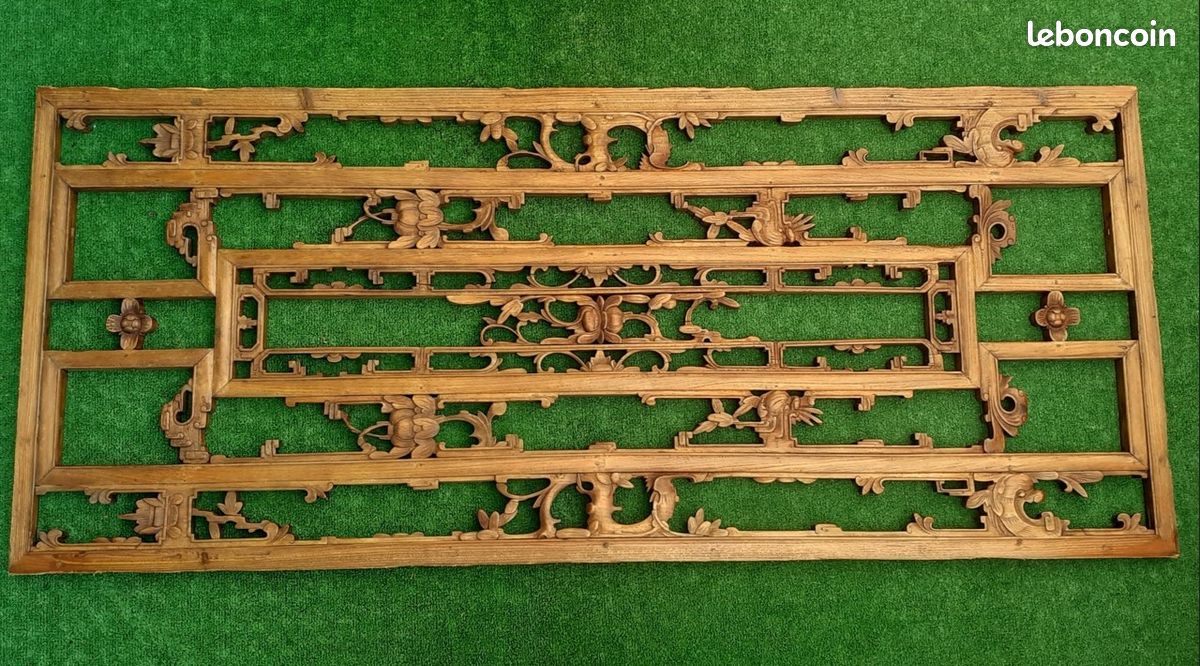 Ancien grand panneau chinois en bois sculpté fait main (image 4)