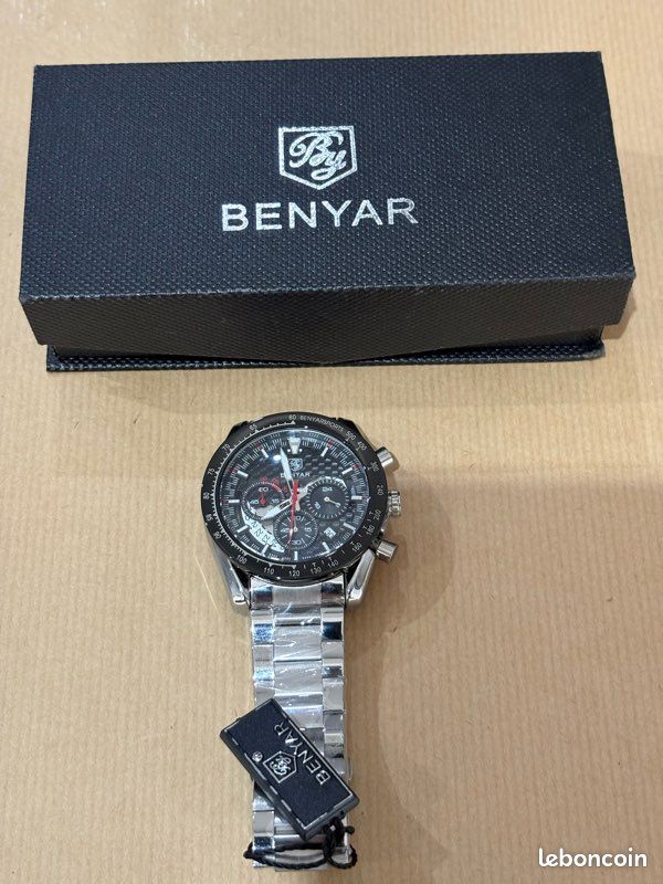 Montre BENYAR Classique Pour Homme - Cadran Bleu, Bracelet Cuir Marron - Boîtier Acier Inox Argenté - Quartz - Étanche 50m