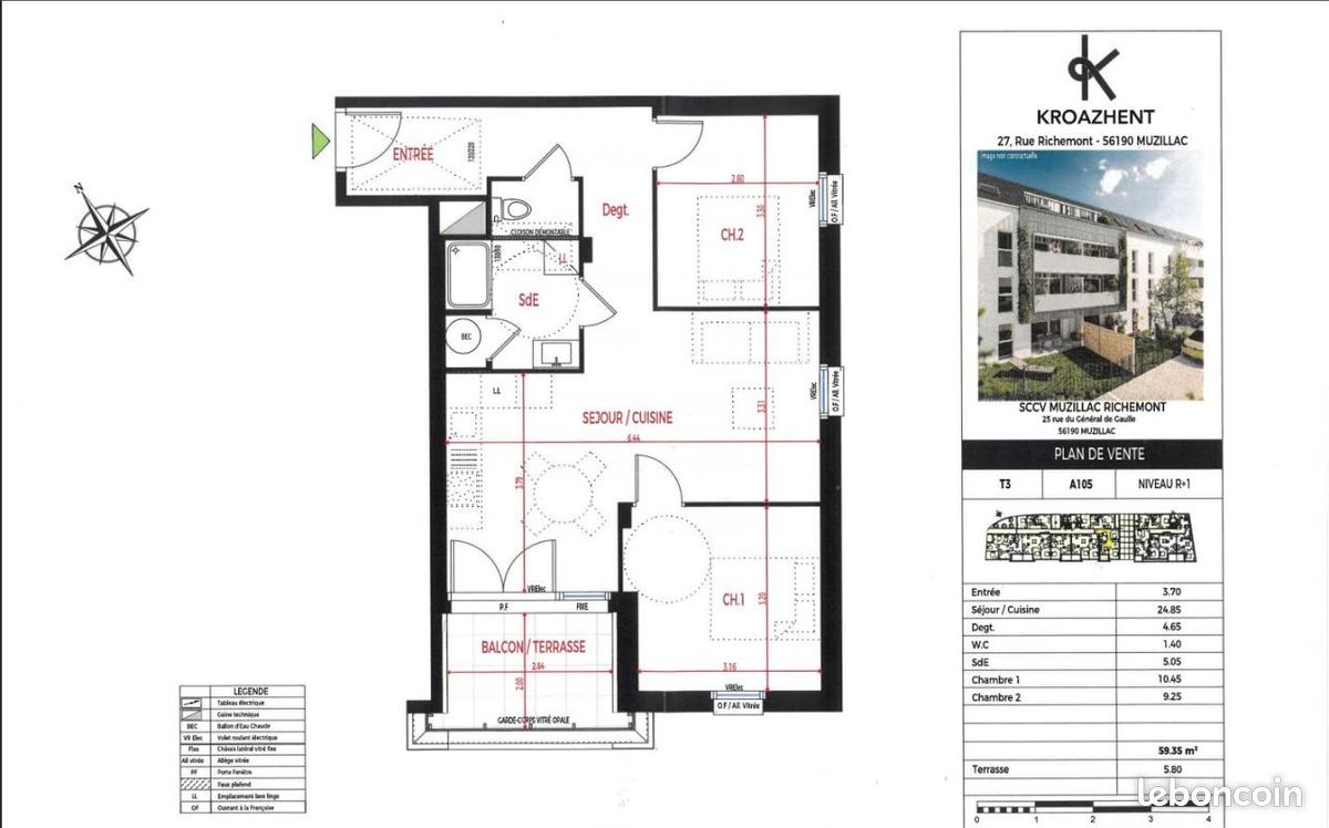 Appartement 3 pièces 59 m² · à Muzillac · 59 m² · 840 €/mois