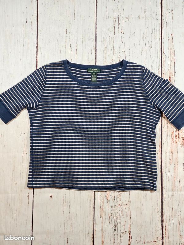 Ralph Lauren T-Shirt Femme M Bleu à rayures Été Classique Chic Vintage Casual Très Bon état (image 3)
