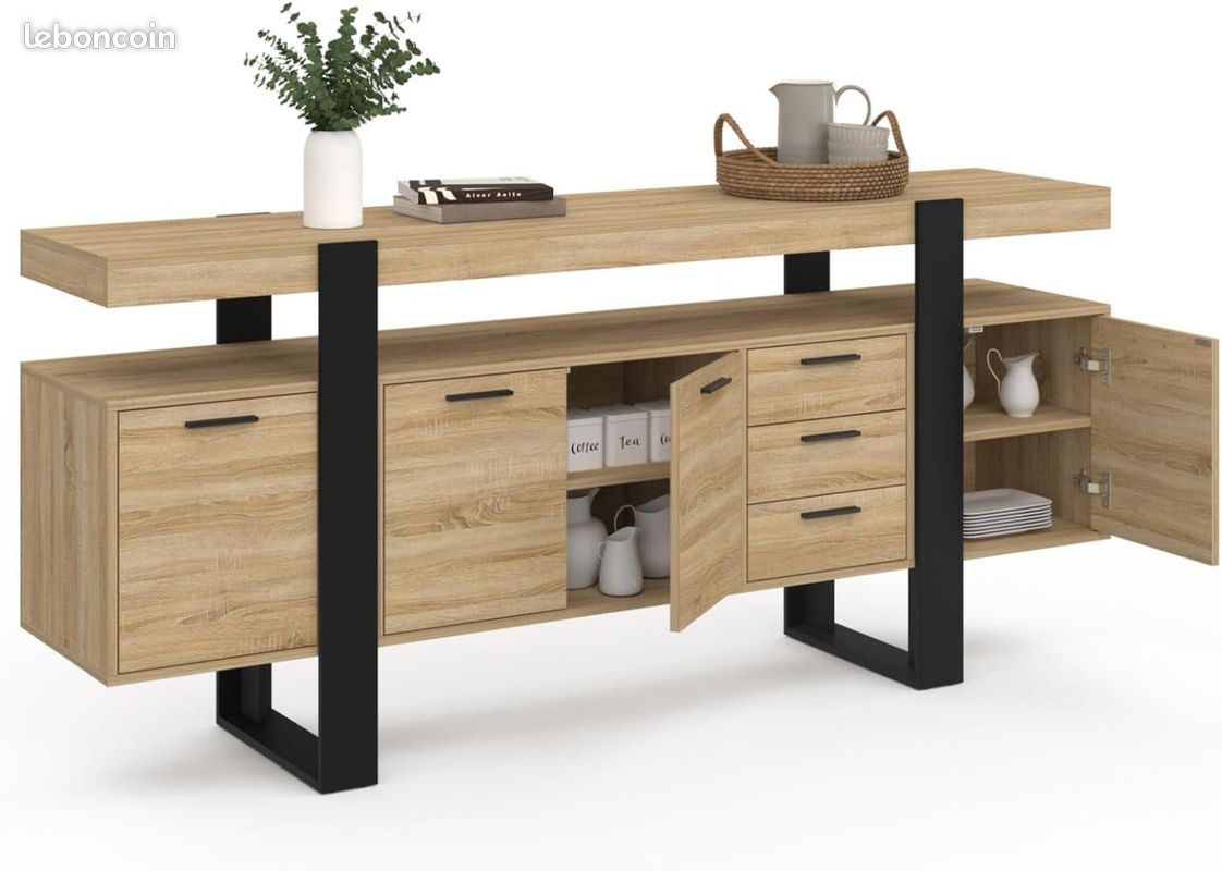 Grand Buffet XXL 180 cm – Design Industriel Loft – 4 Placards & 3 Tiroirs – Finition Bois et Noir – Grande Capacité de Rangement – L.180 x l.40 x H.80 cm (image 4)