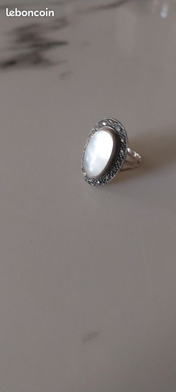 Bague Vintage En Argent 925 - Cabochon Nacre - Taille 57 - Deux Poinçons - Occasion Parfait état Ancien
