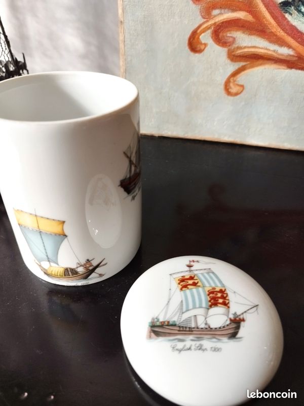 Pot avec couvercle, bonbonnière ou boîte à thé ou boîte à coton en porcelaine de limoges (Voilier (image 5)