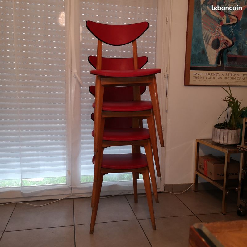Lot 4 Chaises Sky Rouge Moucheté En Hêtre – Design 1960