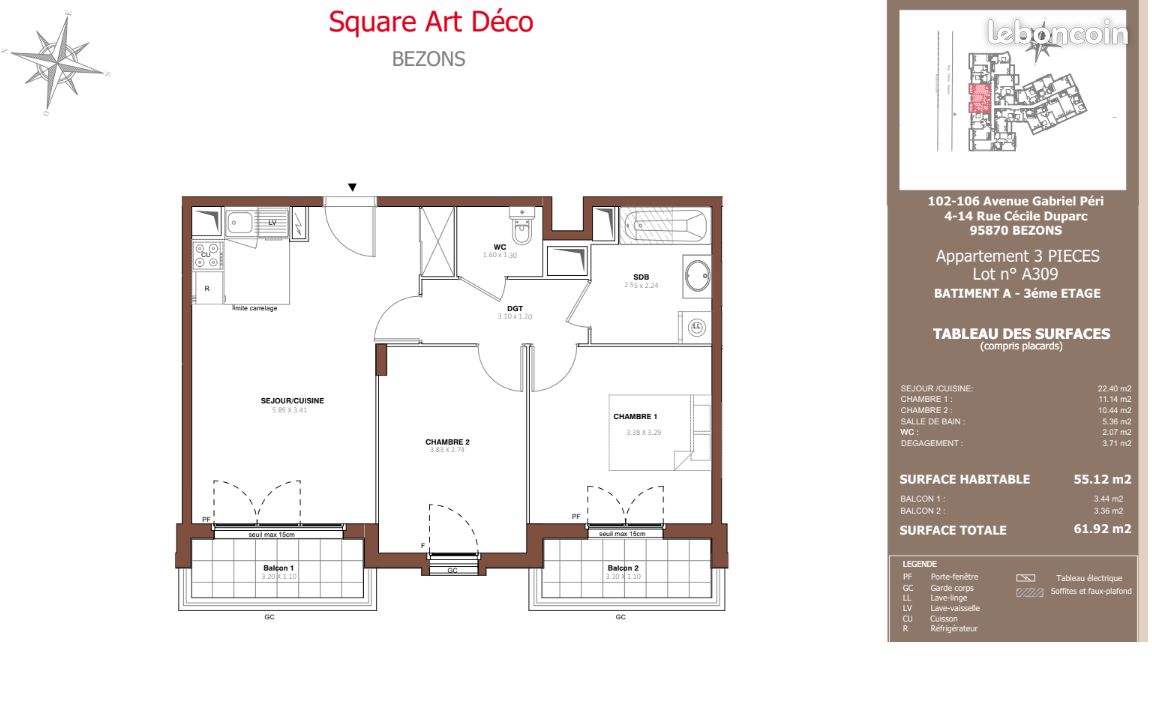 Appartement 3 pièces 55 m² · à Bezons · 55 m² · 1 450 €/mois