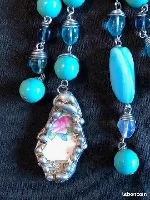 Magnifiques boucles d'oreilles en perles de verre turquoise, vintage, années 90 (image 4)