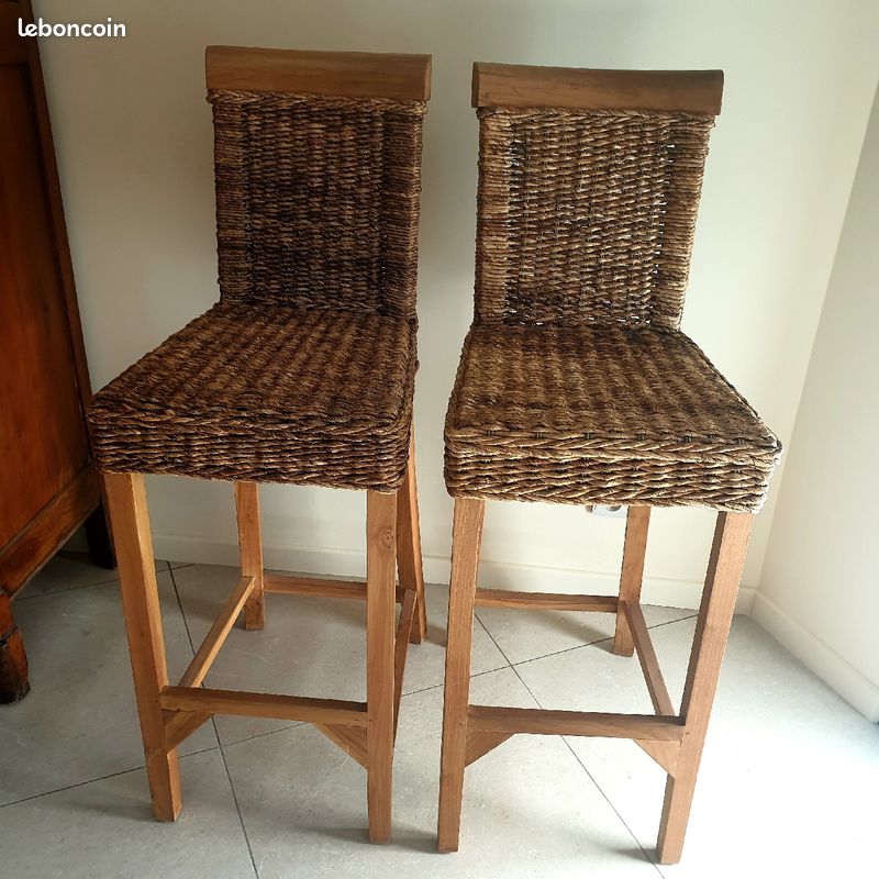 2 chaises de bar rotin en bois massif (image 1)