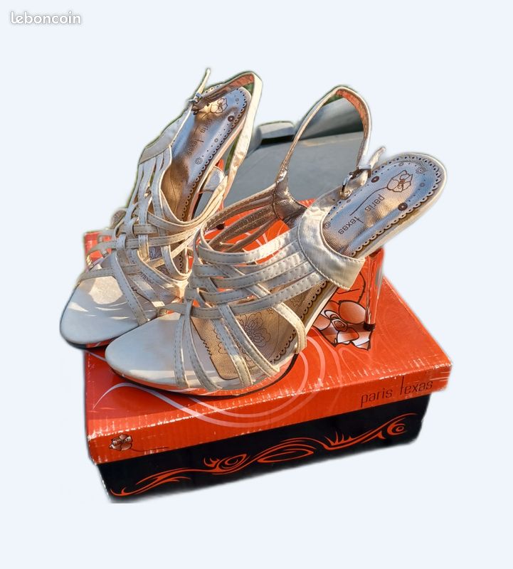 Escarpin beige satiné talon or (image 1)