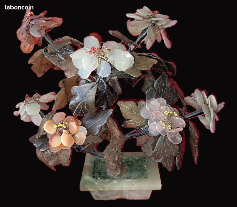 Exceptionnel ancien grand arbre en fleurs 29 cm en pierre dures cache pot en jade artisanat chinois en parfait état (image 3)
