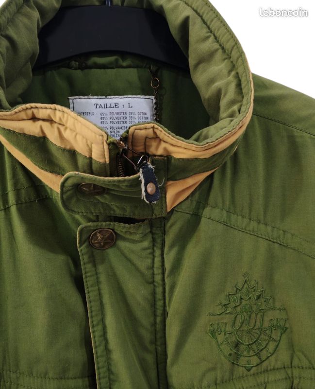 Manteau de ski vert matelassée vintage col doublé jaune, multiples poches taille L (image 5)
