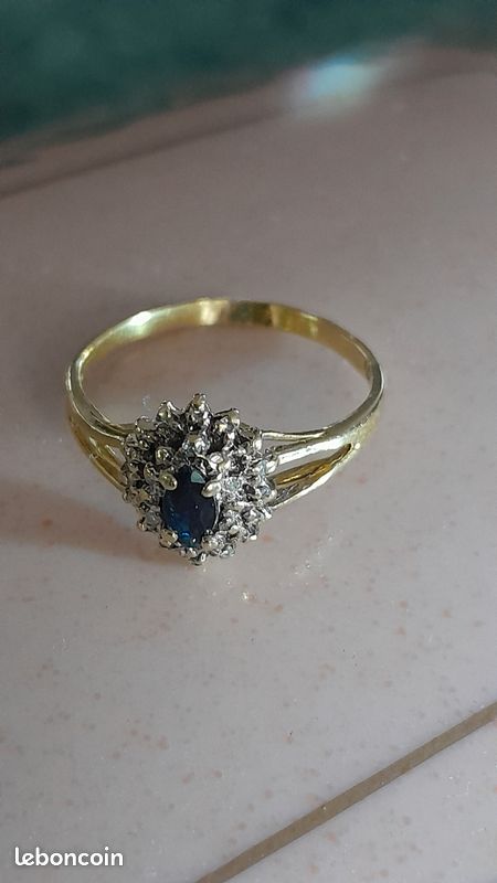 Bague Ancienne Or Massif 18 Carats Diamants Et Saphir Taille 59 - Occasion, 2,69 Gr